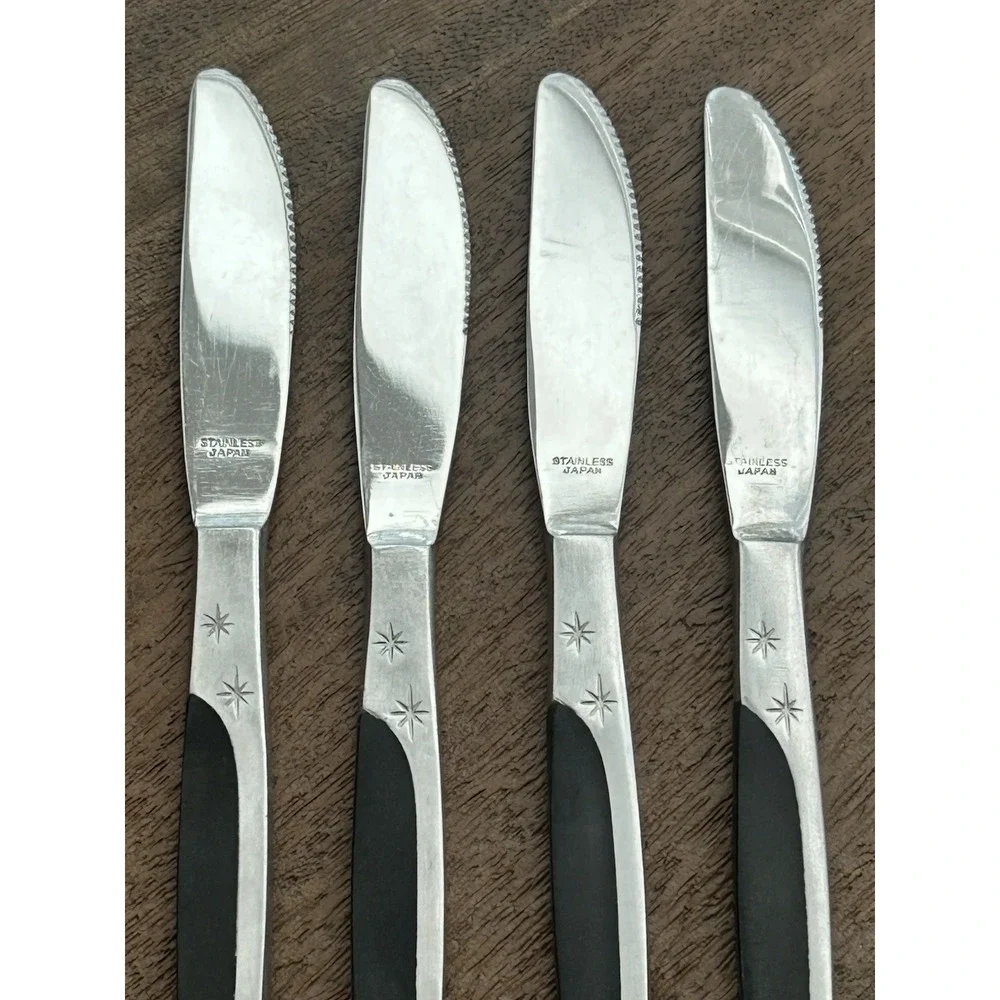 Vintage Mar-Crest Ebony 4 Butter Knives MCFMCF3 Stainless Atomic Starburst Japan